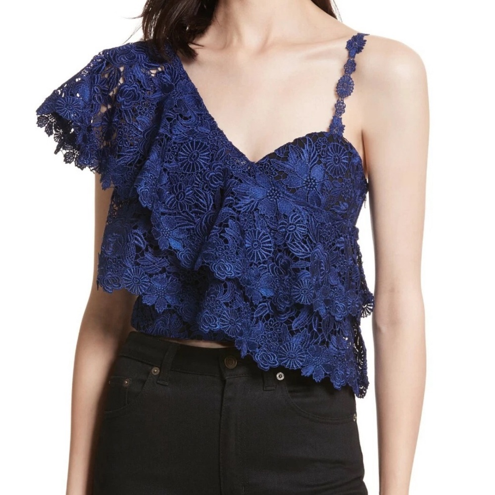Alice + Olivia Cobalt Blue Floral Lace Asymmetric Crop Top